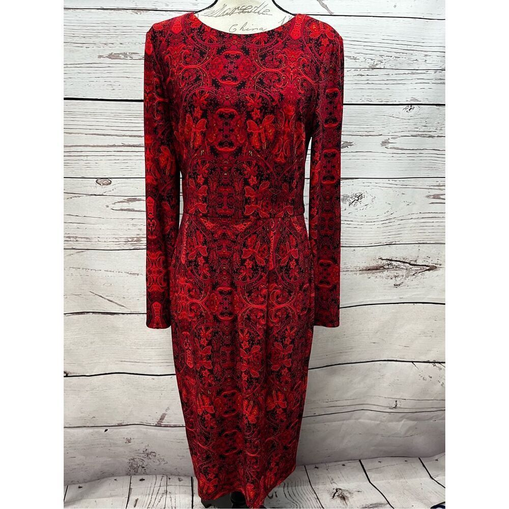 Liz Claiborne Career Dress Red Black Paisley Print Long Sleeve Size 8